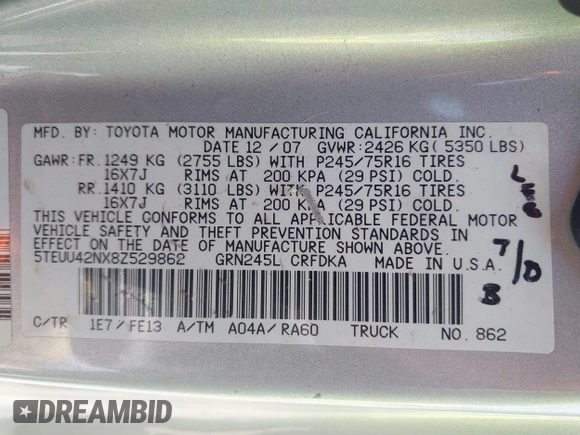 2008 Toyota Tacoma with VIN 5TEUU42NX8Z529862, listed as a IAAI auction lot 42605715 with 168,142 mi miles and . Bid and sale history available at DreamBid. Image 9.