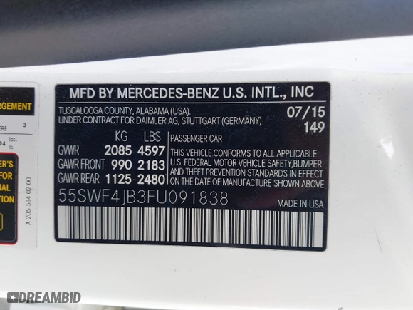 2015 Mercedes-Benz C-Class C 300 with VIN 55SWF4JB3FU091838, listed as a IAAI auction lot 42018413 with 98,338 mi miles. Bid and sale history available at carsss.com. Image 9.