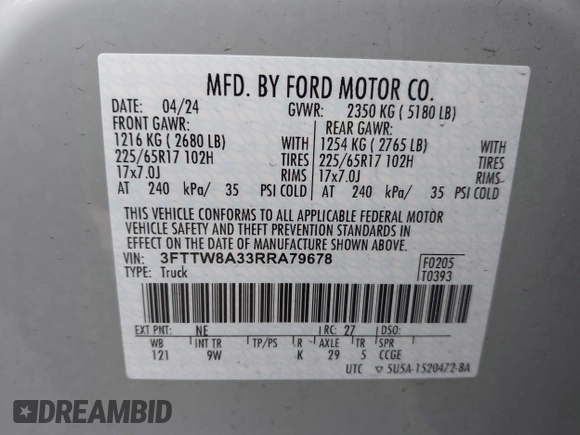 2024 Ford Maverick XL with VIN 3FTTW8A33RRA79678, listed as a IAAI auction lot 41951715 with 17,291 mi miles and . Bid and sale history available at DreamBid. Image 9.