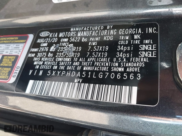 2020 Kia Sorento EX z VIN 5XYPHDA51LG706563, wystawiony jako IAAI lot #39526327 z przebiegiem 36 833 mil mil oraz . Historia ofert i sprzedaży dostępna na DreamBid. Obrazek 9.