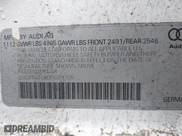 2013 Audi A4 Premium Plus with VIN WAUFFAFL8DN029705, listed as a IAAI auction lot 42467631 with 160,916 mi miles and . Bid and sale history available at DreamBid. Image 9.