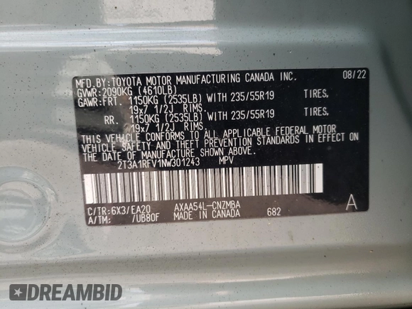2022 Toyota RAV4 XLE Premium с VIN 2T3A1RFV1NW301243, выставлен на аукционе Copart как лот 56025835 с пробегом 58 093 миль миль и Списание • Salvage title. История ставок и продаж доступна на DreamBid. Изображение 14.