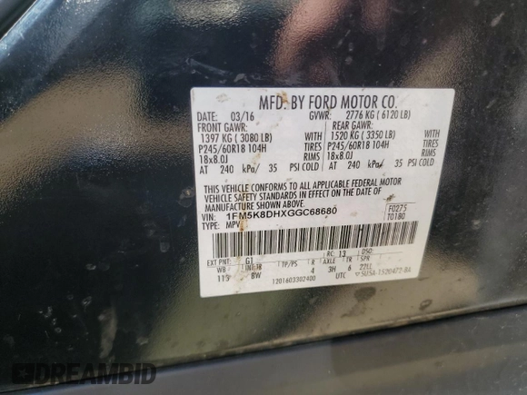 2016 Ford Explorer XLT z VIN 1FM5K8DHXGGC68680, wystawiony jako Copart lot #57284315 z przebiegiem 77 763 mil mil oraz Czysty tytuł • Clean title. Historia ofert i sprzedaży dostępna na DreamBid. Obrazek 13.