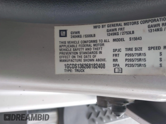 2006 Chevrolet Colorado 3LT with VIN 1GCDS136268182408, listed as a IAAI auction lot 42492420 with 284,568 mi miles and . Bid and sale history available at DreamBid. Image 9.