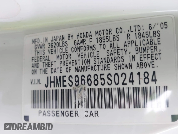 2005 Honda Civic with VIN JHMES96685S024184, listed as a IAAI auction lot 41937588 with 97,161 mi miles and . Bid and sale history available at DreamBid. Image 9.