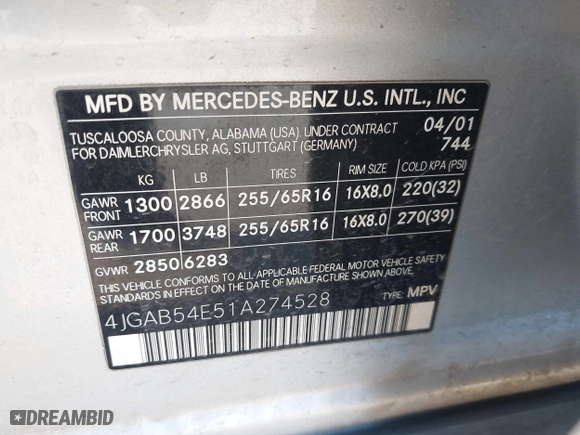 2001 Mercedes-Benz M-Class with VIN 4JGAB54E51A274528, listed as a IAAI auction lot 41290721 with 174,472 mi miles. Bid and sale history available at carsss.com. Image 9.