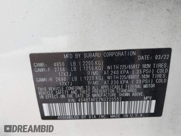 2022 Subaru Outback Premium with VIN 4S4BTAFC7N3220552, listed as a IAAI auction lot 42337518 with 39,006 mi miles and . Bid and sale history available at DreamBid. Image 9.