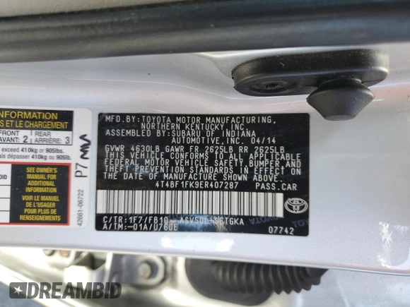 2014 Toyota Camry L with VIN 4T4BF1FK9ER407287, listed as a Copart auction lot 54341405 with 113,568 mi miles and Salvage Title. Bid and sale history available at carsss.com. Image 13.