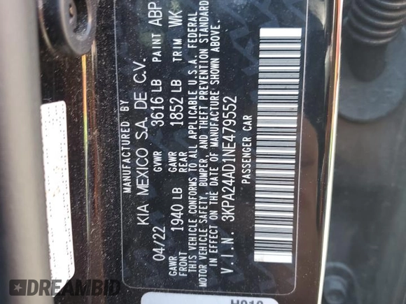2022 Kia Rio S with VIN 3KPA24AD1NE479552, listed as a Copart auction lot 48755405 with 80,310 mi miles and Non Repairable. Bid and sale history available at carsss.com. Image 12.