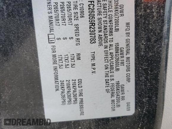 2009 Chevrolet Suburban 2LT z VIN 1GNFC26059R230783, wystawiony jako Copart lot #58545505 z przebiegiem 471 126 mil mil oraz Szkoda całkowita • Salvage title. Historia ofert i sprzedaży dostępna na DreamBid. Obrazek 12.