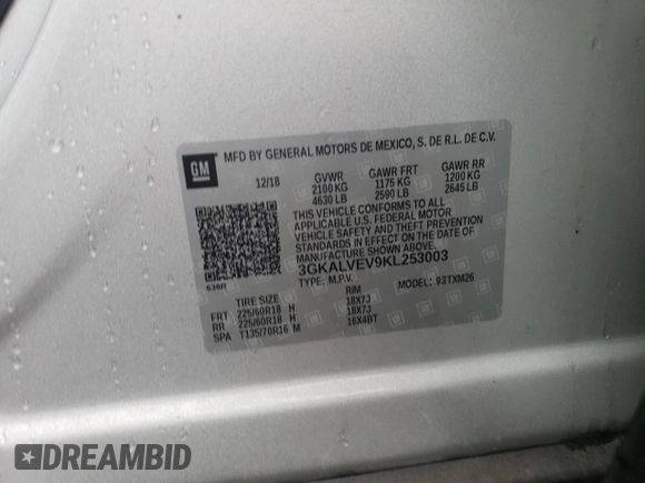 2019 GMC Terrain SLT with VIN 3GKALVEV9KL253003, listed as a Copart auction lot 72539054 with 89,799 mi miles and Salvage Title. Bid and sale history available at carsss.com. Image 13.