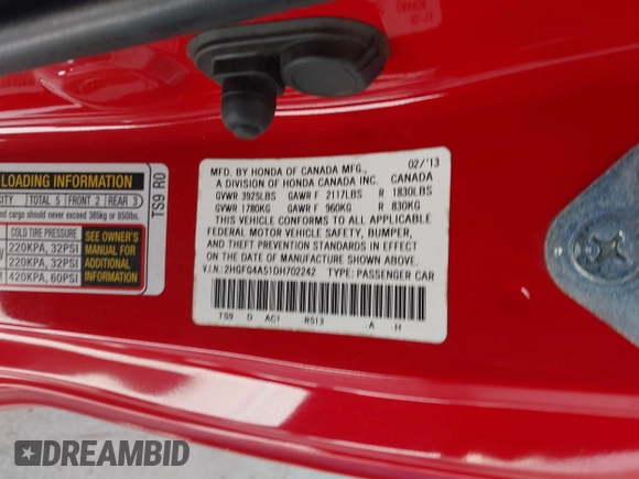 2013 Honda Civic Si with VIN 2HGFG4A51DH702242, listed as a IAAI auction lot 42156022 with Not provided miles and . Bid and sale history available at DreamBid. Image 9.