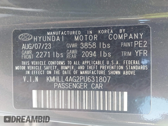 2023 Hyundai Elantra SE with VIN KMHLL4AG2PU631807, listed as a IAAI auction lot 42171342 with 54,733 mi miles and . Bid and sale history available at DreamBid. Image 9.