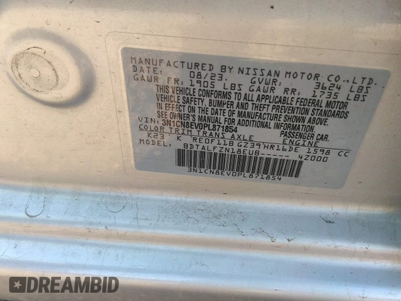 2023 Nissan Versa SV z VIN 3N1CN8EV0PL871854, wystawiony jako IAAI lot #41958143 z przebiegiem Nie podano mil oraz . Historia ofert i sprzedaży dostępna na DreamBid. Obrazek 9.