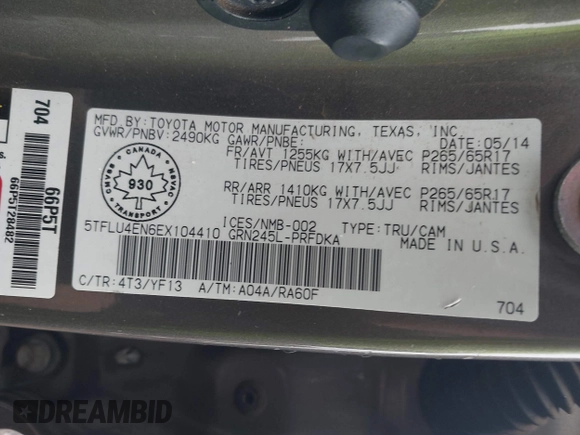 2014 Toyota Tacoma with VIN 5TFLU4EN6EX104410, listed as a IAAI auction lot 41925708 with 189,375 mi miles. Bid and sale history available at carsss.com. Image 9.