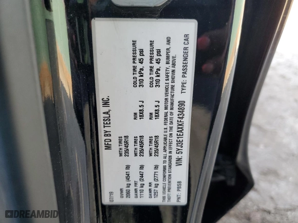 2019 Tesla Model 3 Mid Range with VIN 5YJ3E1EAXKF434890, listed as a Copart auction lot 43422255 with 76,362 mi miles and Salvage Title. Bid and sale history available at carsss.com. Image 14.