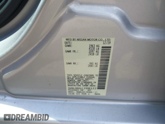 2020 Nissan Altima 2.5 S with VIN 1N4BL4BVXLC208122, listed as a IAAI auction lot 41652097 with 121,291 mi miles. Bid and sale history available at carsss.com. Image 9.