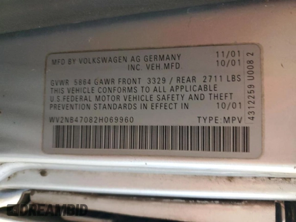 2002 Volkswagen EuroVan MV with VIN WV2NB47082H069960, listed as a Copart auction lot 45790435 with 203,008 mi miles and Salvage Title. Bid and sale history available at DreamBid. Image 13.