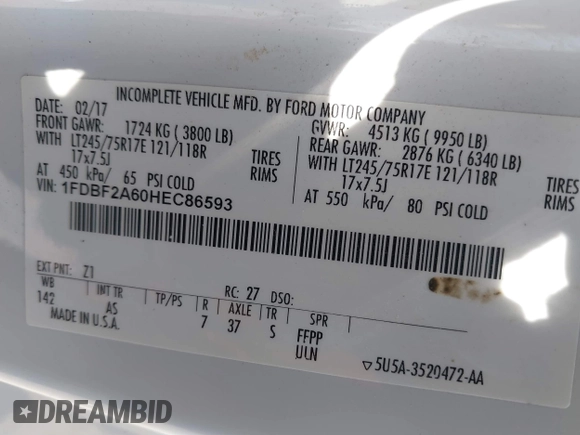 2017 Ford F-250 XL with VIN 1FDBF2A60HEC86593, listed as a IAAI auction lot 41768062 with 78,759 mi miles and . Bid and sale history available at DreamBid. Image 9.
