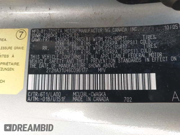 2006 Lexus RX 330 with VIN 2T2HA31U46C096177, listed as a IAAI auction lot 41616456 with 257,817 mi miles and . Bid and sale history available at DreamBid. Image 9.