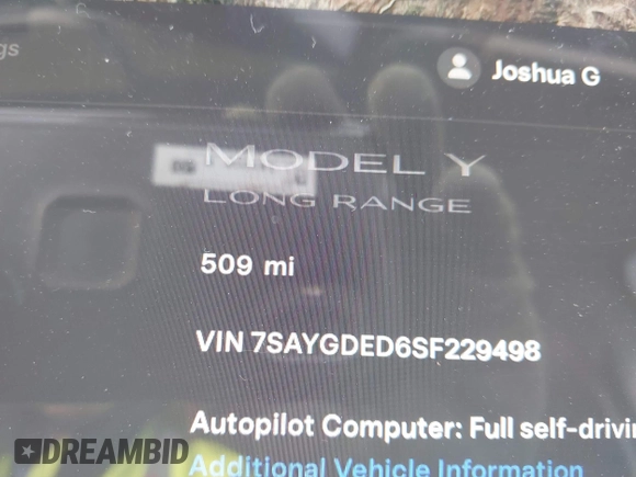 2025 Tesla Model Y Long Range with VIN 7SAYGDED6SF229498, listed as a IAAI auction lot 41086718 with 509 mi miles and . Bid and sale history available at DreamBid. Image 16.