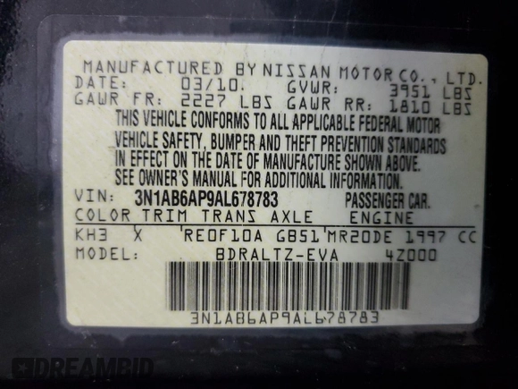2010 Nissan Sentra SR with VIN 3N1AB6AP9AL678783, listed as a Copart auction lot 52579935 with 84,609 mi miles and Salvage Title. Bid and sale history available at DreamBid. Image 12.
