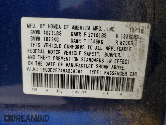 2017 Acura ILX Premium with VIN 19UDE2F74HA008094, listed as a Copart auction lot 62271355 with Not provided miles and Salvage title. Bid and sale history available at DreamBid. Image 12.