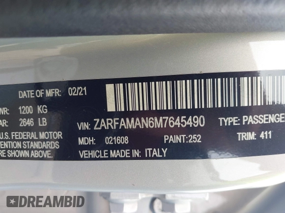 2021 Alfa Romeo Giulia z VIN ZARFAMAN6M7645490, wystawiony jako IAAI lot #42165037 z przebiegiem 57 701 mil mil oraz . Historia ofert i sprzedaży dostępna na DreamBid. Obrazek 9.