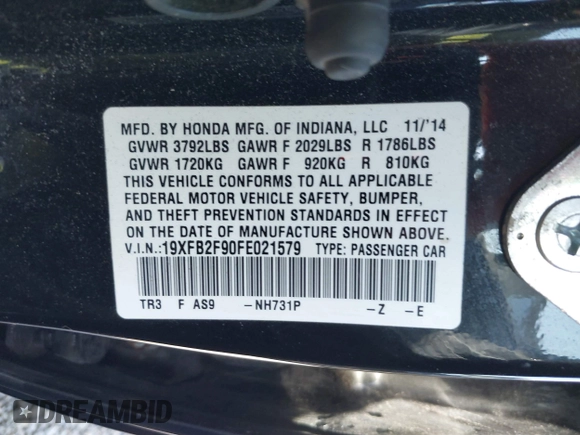 2015 Honda Civic EX-L with VIN 19XFB2F90FE021579, listed as a IAAI auction lot 42067217 with 184,234 mi miles and . Bid and sale history available at DreamBid. Image 9.