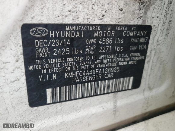 2015 Hyundai Sonata Hybrid Limited with VIN KMHEC4A4XFA138925, listed as a Copart auction lot 50105775 with 206,731 mi miles and Clean Title. Bid and sale history available at carsss.com. Image 12.