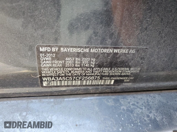 2012 BMW 3 Series 328i with VIN WBA3A5C57CF256875, listed as a Copart auction lot 50729815 with 114,118 mi miles and Salvage Title. Bid and sale history available at carsss.com. Image 12.