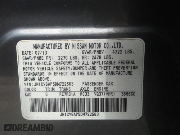 2013 Infiniti G37 Journey with VIN JN1CV6AP5DM722563, listed as a IAAI auction lot 39404973 with 126,692 mi miles and . Bid and sale history available at DreamBid. Image 9.