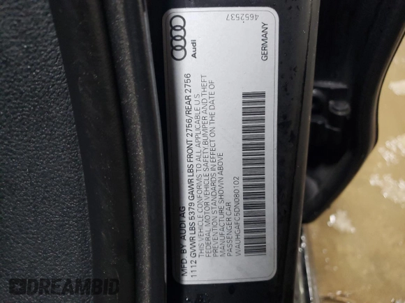 2013 Audi A6 3.0T Prestige with VIN WAUHGAFC5DN080102, listed as a Copart auction lot 45054775 with 110,104 mi miles and Salvage Title. Bid and sale history available at carsss.com. Image 12.