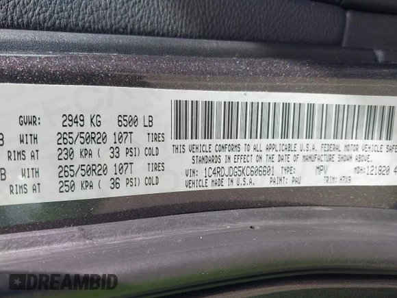 2019 Dodge Durango GT z VIN 1C4RDJDG5KC606601, wystawiony jako IAAI lot #42133390 z przebiegiem 85 698 mil mil oraz . Historia ofert i sprzedaży dostępna na DreamBid. Obrazek 9.