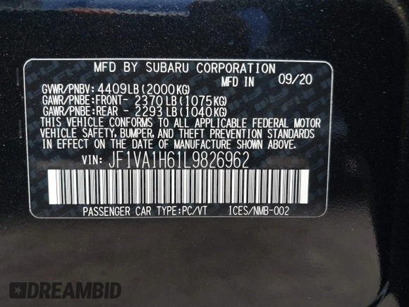 2020 Subaru WRX Limited with VIN JF1VA1H61L9826962, listed as a IAAI auction lot 41741811 with 23,522 mi miles. Bid and sale history available at carsss.com. Image 9.