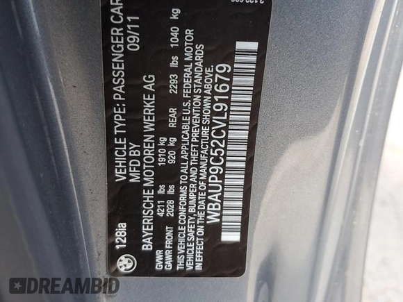 2012 BMW 1 Series 128i with VIN WBAUP9C52CVL91679, listed as a Copart auction lot 64944575 with 118,640 mi miles and Clean title. Bid and sale history available at DreamBid. Image 12.