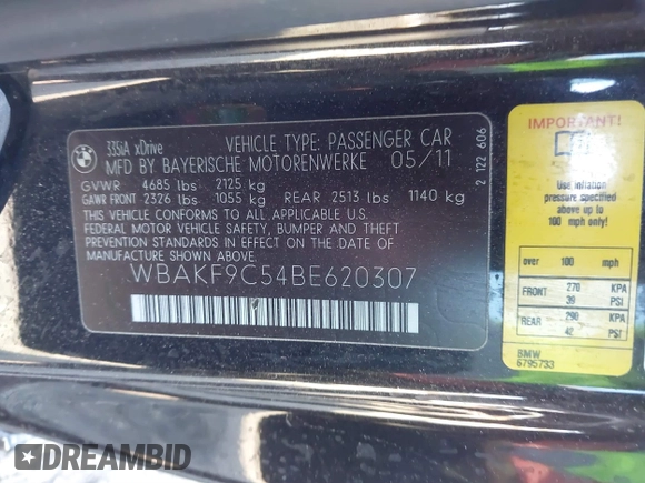 2011 BMW 3 Series 335i xDrive with VIN WBAKF9C54BE620307, listed as a IAAI auction lot 41286004 with 98,532 mi miles. Bid and sale history available at carsss.com. Image 9.