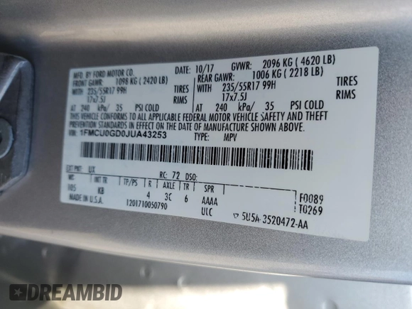 2018 Ford Escape SE with VIN 1FMCU0GD0JUA43253, listed as a Copart auction lot 52304765 with 117,706 mi miles and Salvage Title. Bid and sale history available at carsss.com. Image 15.