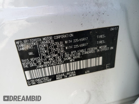 2017 Toyota RAV4 LE with VIN JTMBFREV1HD214337, listed as a Copart auction lot 52932765 with 23,959 mi miles and Salvage Title. Bid and sale history available at DreamBid. Image 12.