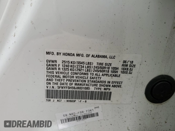 2018 Honda Pilot EX-L with VIN 5FNYF5H59JB031085, listed as a Copart auction lot 53874525 with Not provided miles and Salvage title. Bid and sale history available at DreamBid. Image 14.
