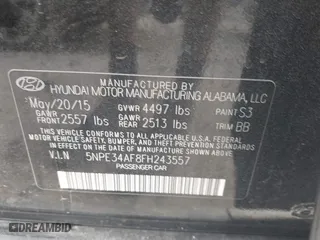 2015 Hyundai Sonata 2.4L Limited with VIN 5NPE34AF8FH243557, listed as a IAAI auction lot 41828576 with 95,261 mi miles. Bid and sale history available at carsss.com. Image 9.
