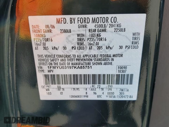 2007 Ford Escape XLT with VIN 1FMYU03197KA85751, listed as a Copart auction lot 50204745 with 120,196 mi miles and Salvage Title. Bid and sale history available at carsss.com. Image 13.