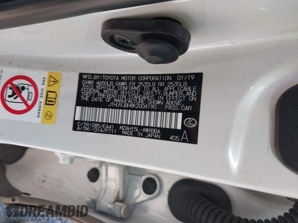 2019 Lexus UX 250h with VIN JTHU9JBH8K2004190, listed as a IAAI auction lot 40701904 with 76,805 mi miles and . Bid and sale history available at DreamBid. Image 9.