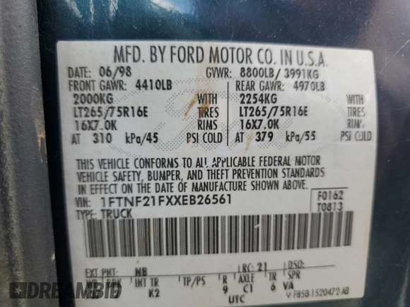 1999 Ford F-250 XL with VIN 1FTNF21FXXEB26561, listed as a Copart auction lot 54303275 with 219,108 mi miles and Salvage title. Bid and sale history available at DreamBid. Image 12.