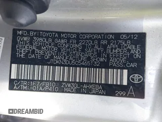 2012 Toyota Prius One with VIN JTDKN3DU5C5465132, listed as a IAAI auction lot 41919049 with 269,080 mi miles. Bid and sale history available at carsss.com. Image 9.