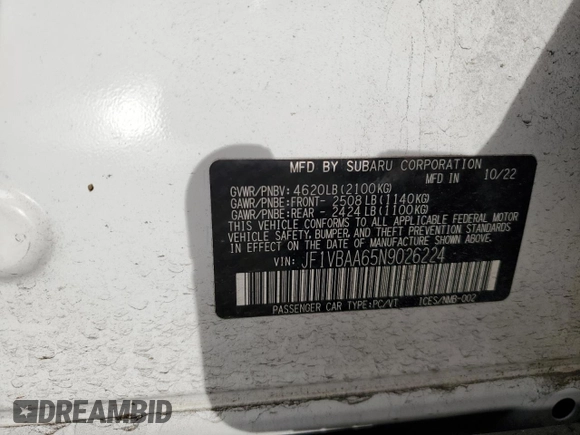 2022 Subaru WRX with VIN JF1VBAA65N9026224, listed as a Copart auction lot 46151245 with 17,930 mi miles and Salvage Title. Bid and sale history available at carsss.com. Image 14.