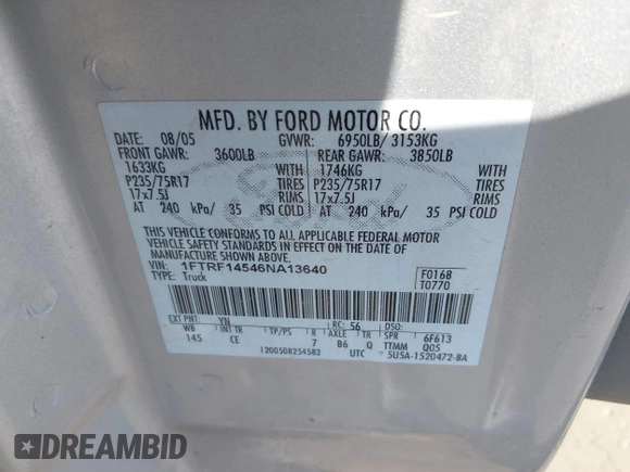 2006 Ford F-150 XL with VIN 1FTRF14546NA13640, listed as a IAAI auction lot 42745878 with 204,732 mi miles and . Bid and sale history available at DreamBid. Image 9.