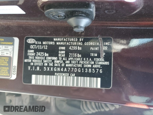 2013 Kia Optima EX z VIN 5XXGN4A77DG138576, wystawiony jako Copart lot #57203965 z przebiegiem 201 406 mil mil oraz Szkoda całkowita • Salvage title. Historia ofert i sprzedaży dostępna na DreamBid. Obrazek 13.