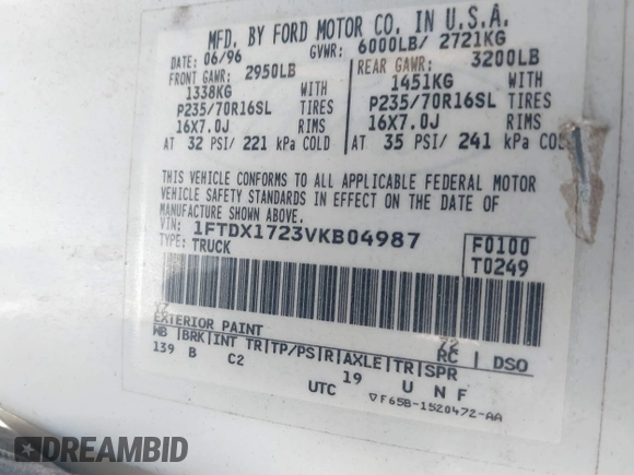 1997 Ford F-150 with VIN 1FTDX1723VKB04987, listed as a IAAI auction lot 41411405 with 234,750 mi miles and . Bid and sale history available at DreamBid. Image 9.