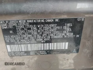 2011 Toyota RAV4 Limited with VIN 2T3DF4DV9BW110055, listed as a IAAI auction lot 42505254 with 185,282 mi miles and . Bid and sale history available at DreamBid. Image 9.